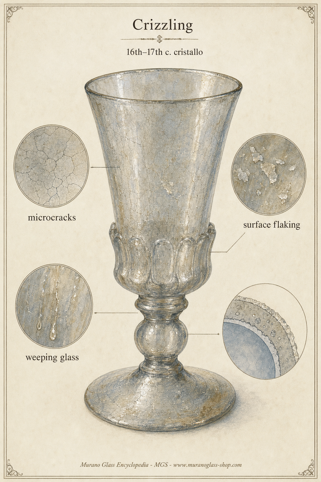 Historisches klares Glas mit feinen Oberflächenschäden durch Glaskrankheit