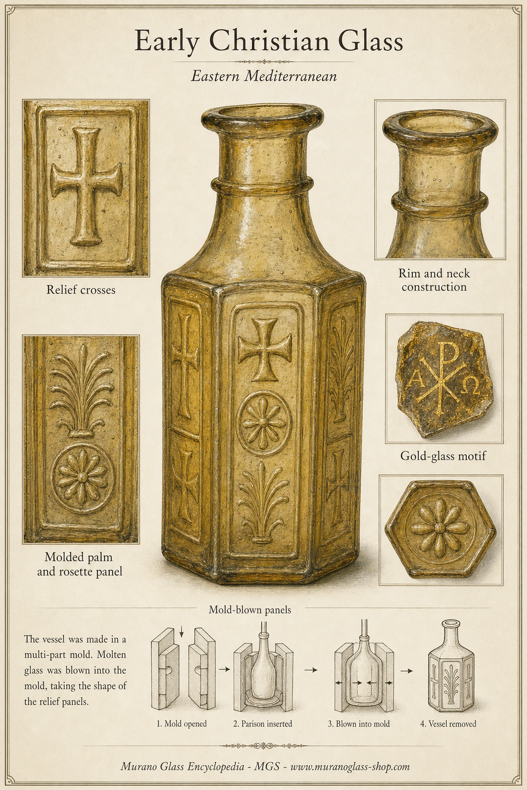 Frühchristliche Glasflasche mit Reliefkreuzen und Pflanzenornamenten