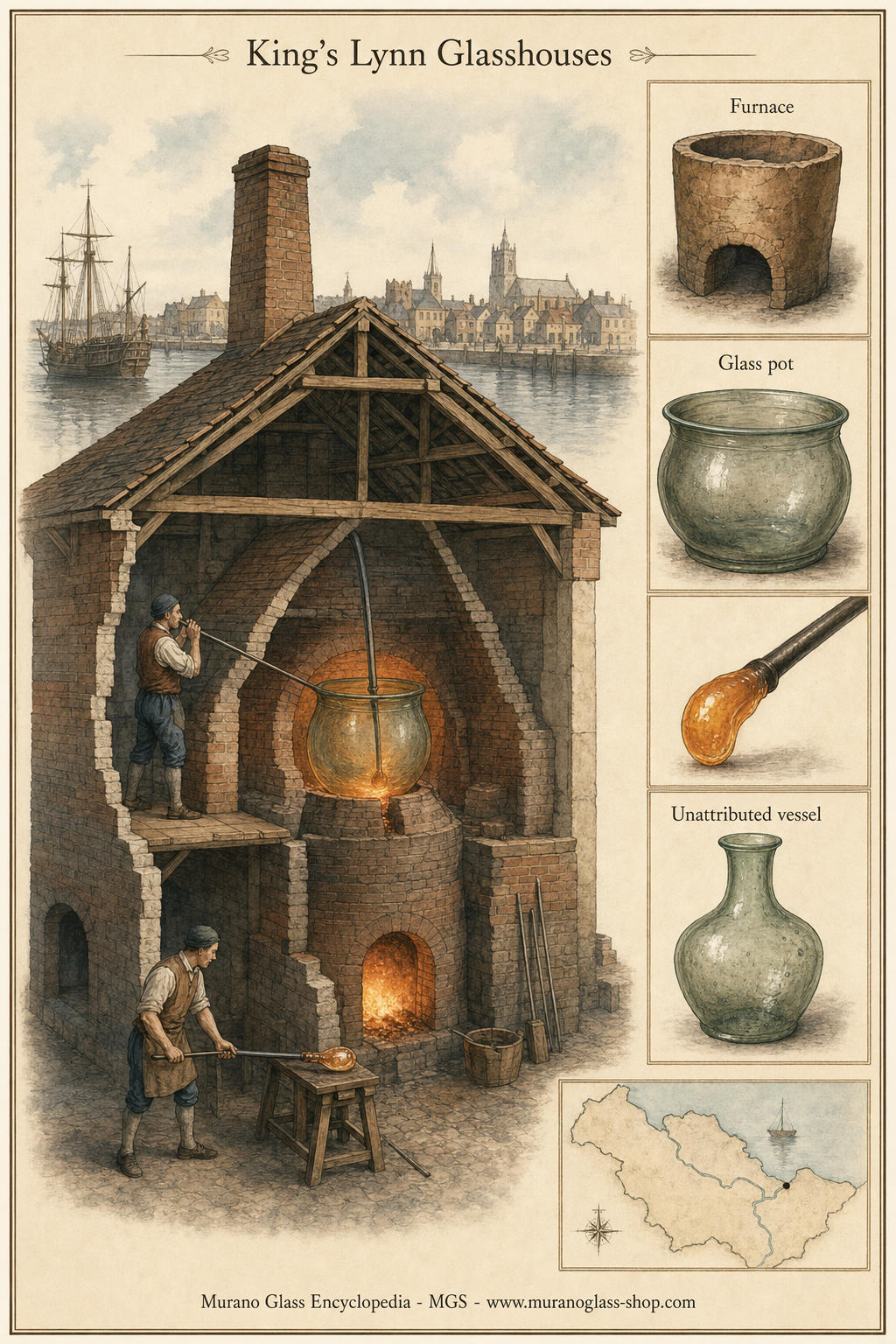 Historische Darstellung eines englischen Glasofens in einer Hafenstadt Norfolks