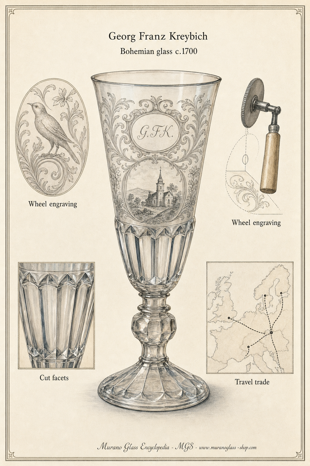Georg Franz Kreybich als frühneuzeitlicher böhmischer Glashändler mit geschliffenen und gravierten Gläsern