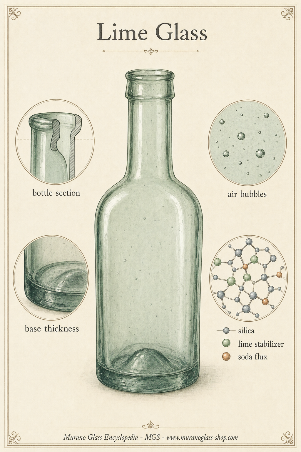Historische Glasflaschen als Beispiel für industrielles Kalkglas