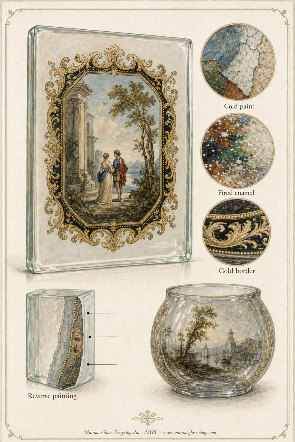 Museale Illustration zur Hinterglasmalerei mit kalter Farbe, eingebranntem Email und églomisé-Vergoldung