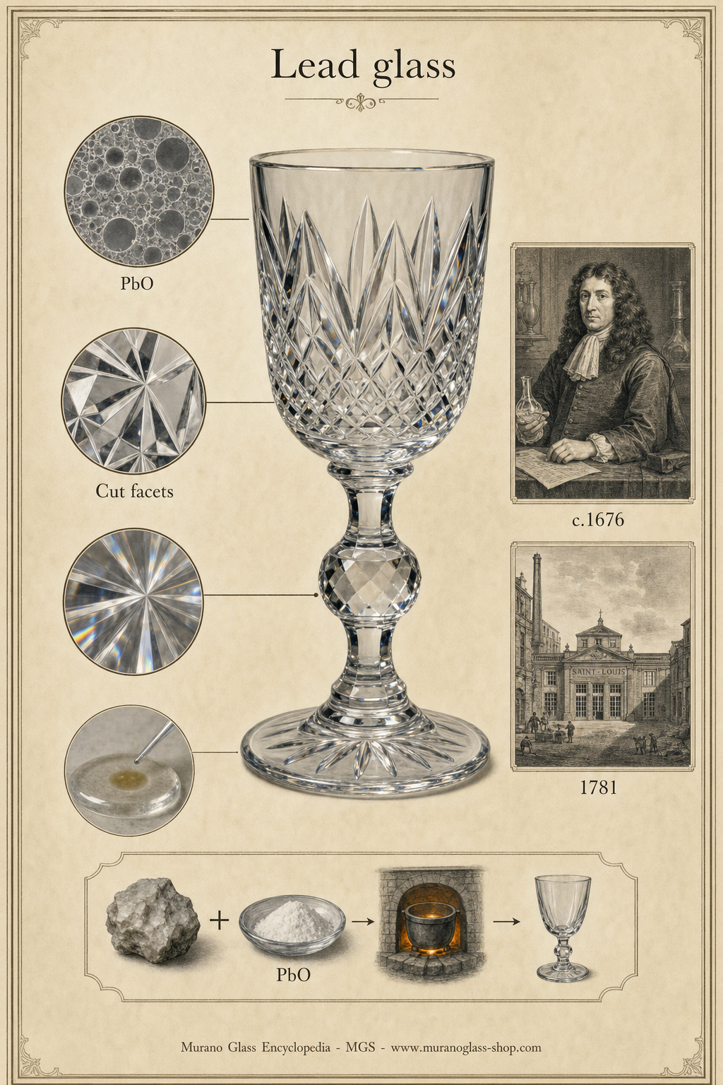Museale Illustration von Bleiglas mit geschliffenem Kelch, PbO-Detail und Schlifffacetten
